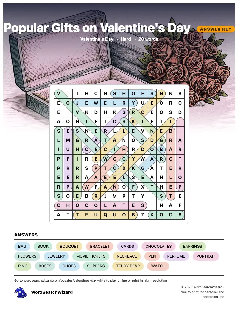 Popular Gifts on Valentine's Day word search answer key, all 20 words marked