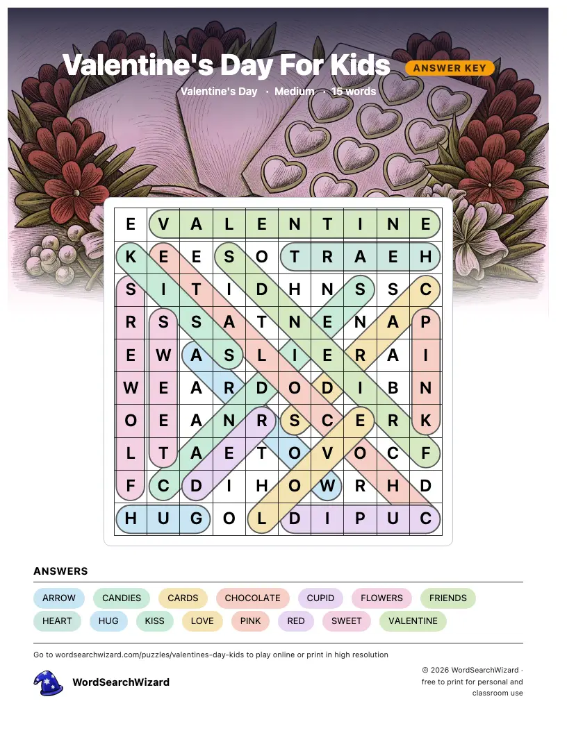 Valentine's Day For Kids word search answer key, all 15 words marked