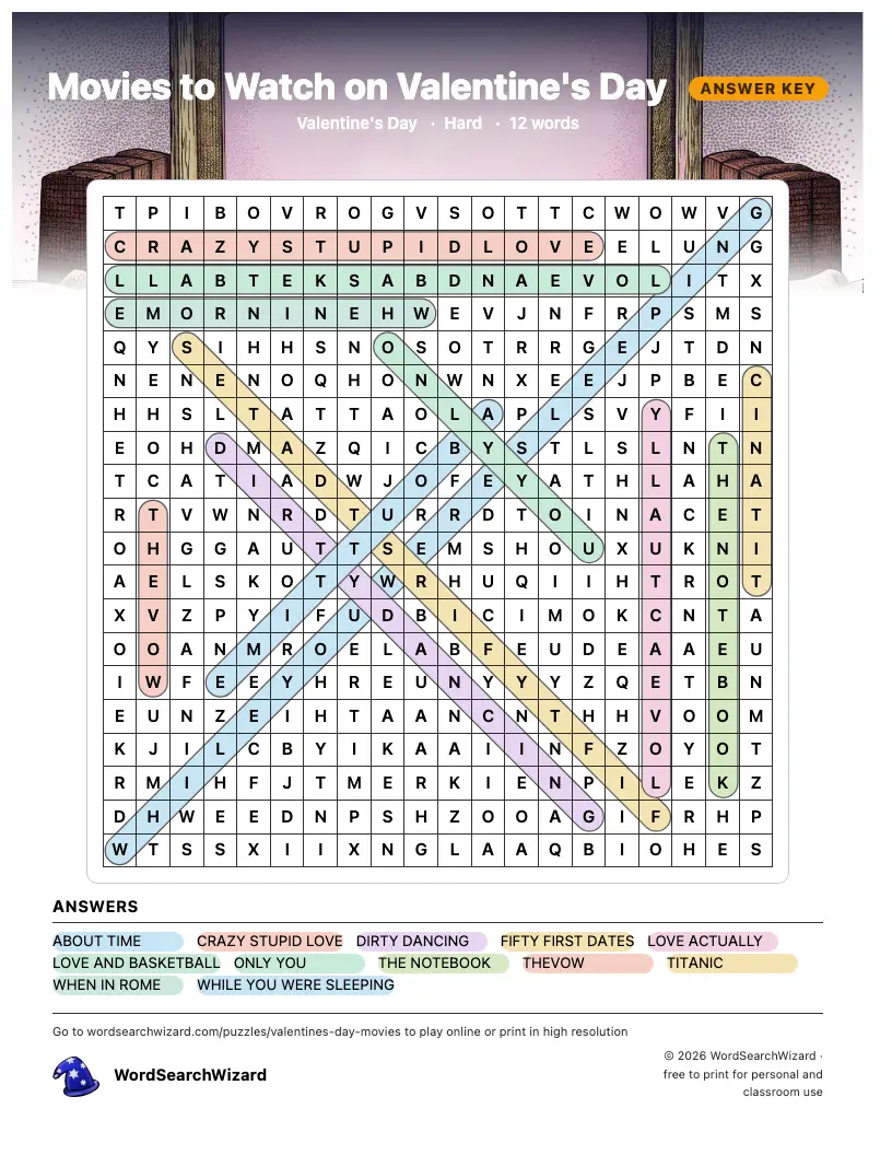 Movies to Watch on Valentine's Day word search answer key, all 12 words marked
