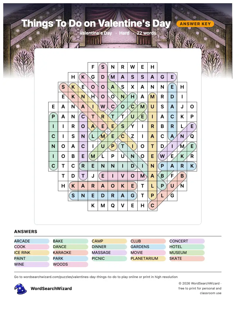 Things To Do on Valentine's Day word search answer key, all 22 words marked