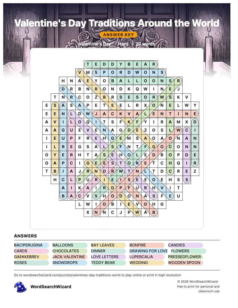 Valentine's Day Traditions Around the World word search answer key, all 20 words marked