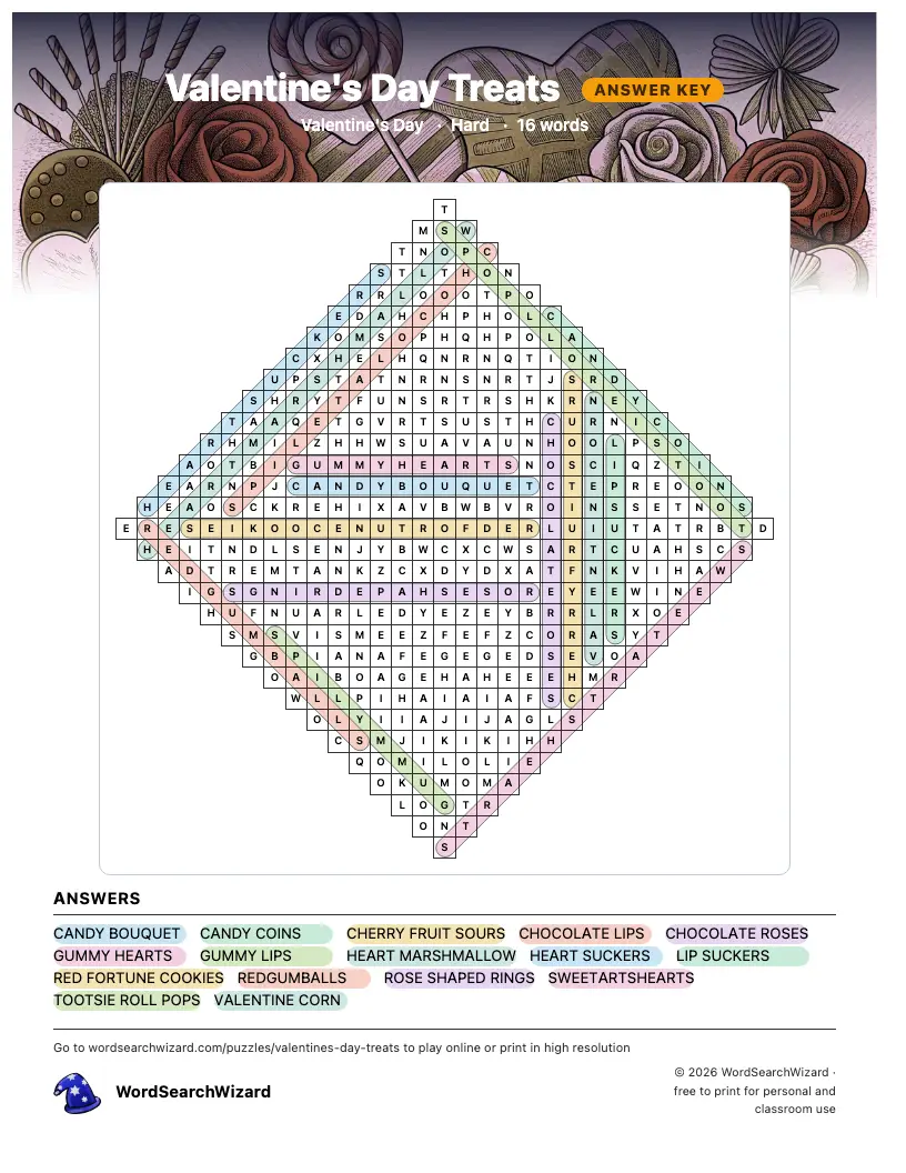 Valentine's Day Treats word search answer key, all 16 words marked