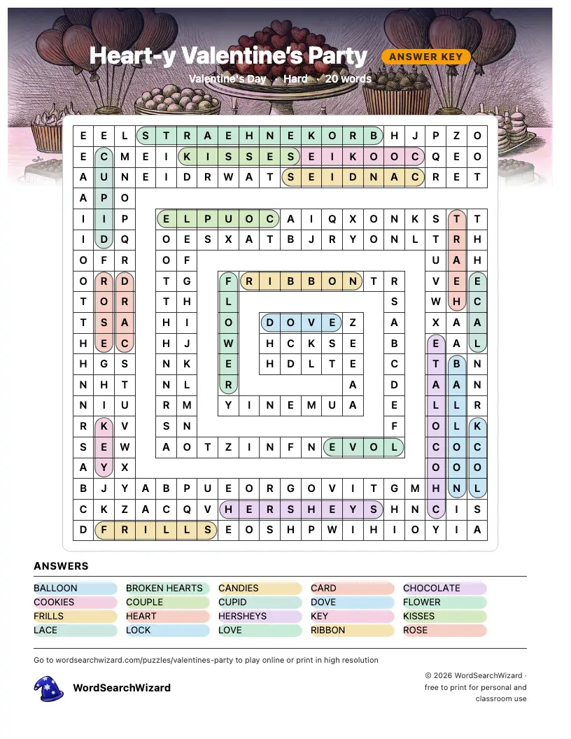 Heart-y Valentine’s Party word search answer key, all 20 words marked