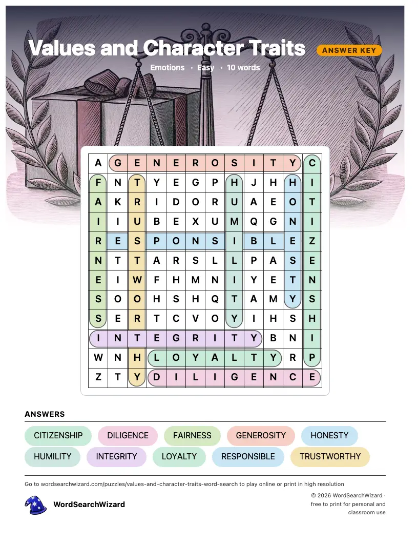 Values and Character Traits word search answer key, all 10 words marked