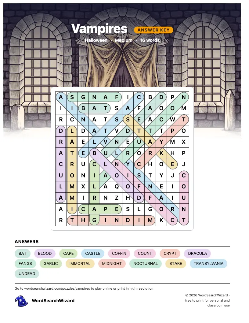 Vampires word search answer key, all 16 words marked