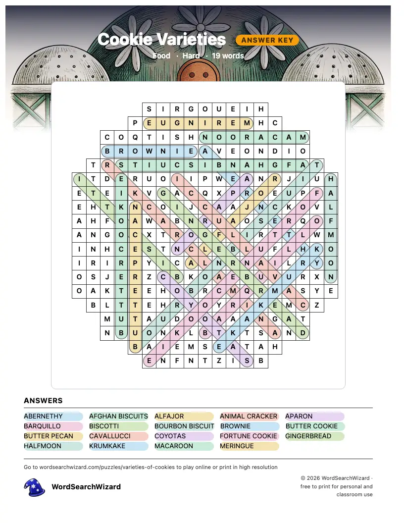 Cookie Varieties word search answer key, all 19 words marked