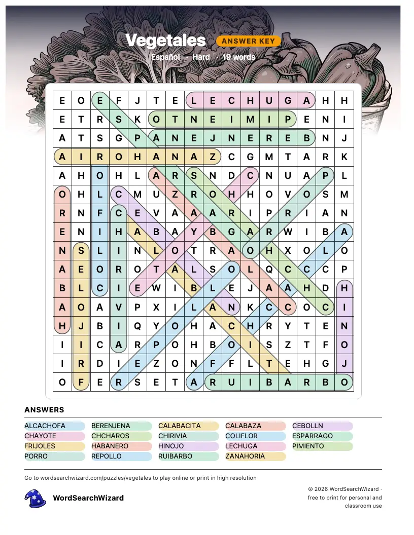 Vegetales word search answer key, all 19 words marked