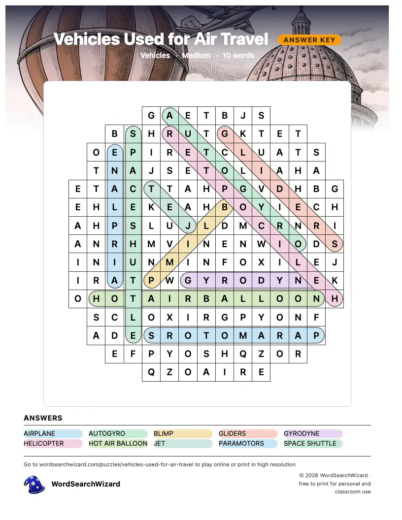 Vehicles Used for Air Travel word search answer key, all 10 words marked