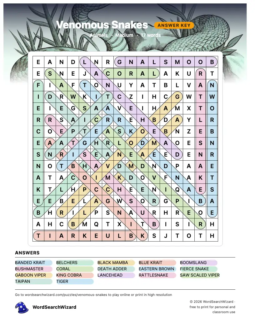 Venomous Snakes word search answer key, all 17 words marked