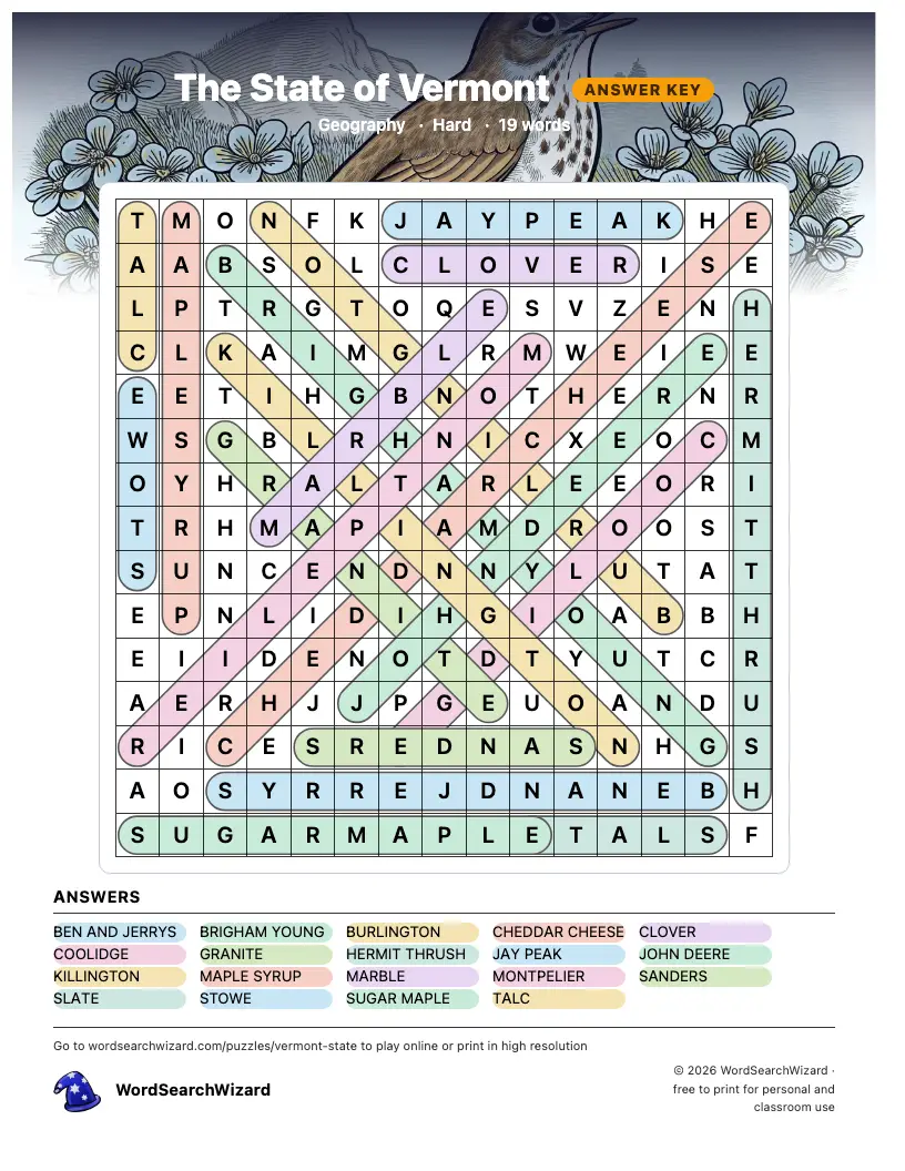 The State of Vermont word search answer key, all 19 words marked
