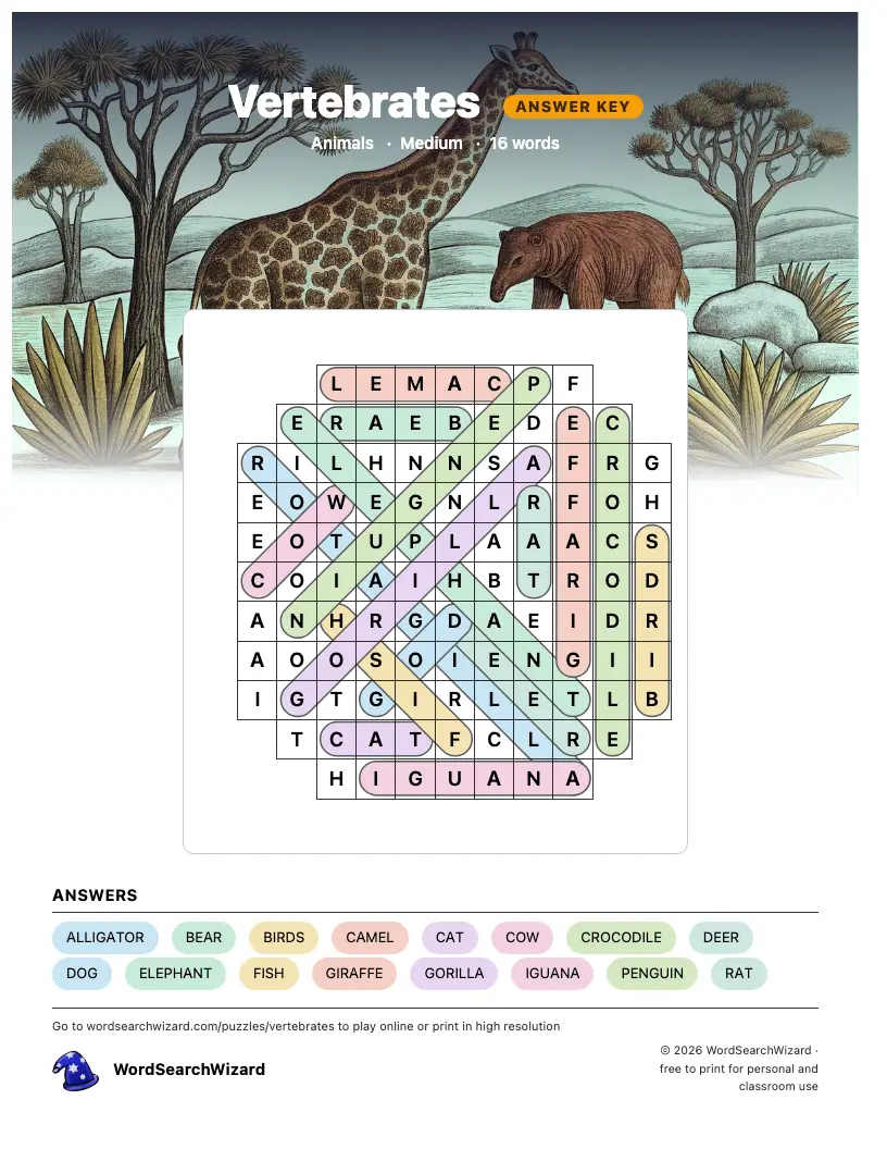 Vertebrates word search answer key, all 16 words marked