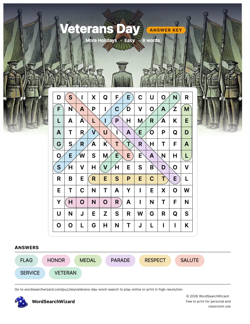 Veterans Day word search answer key, all 8 words marked