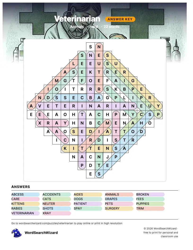 Veterinarian word search answer key, all 22 words marked