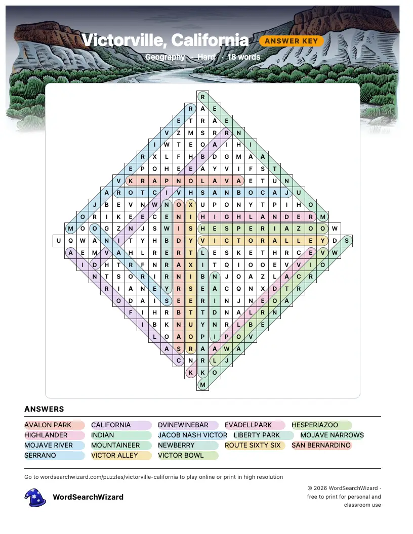Victorville, California word search answer key, all 18 words marked