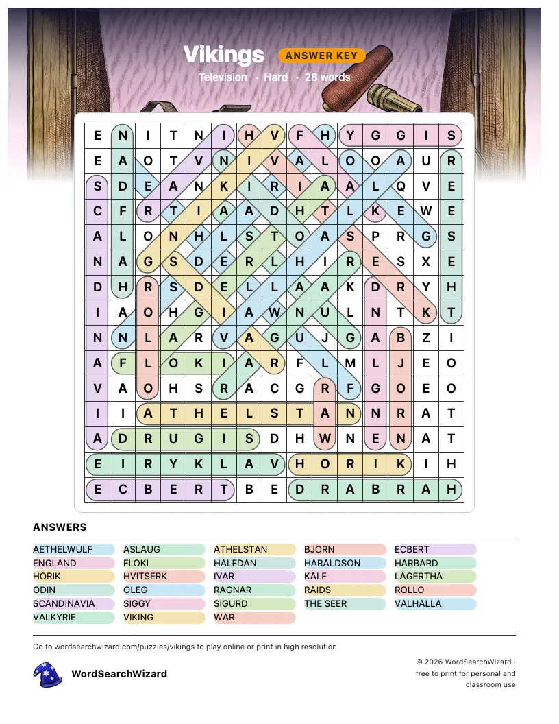 Vikings word search answer key, all 28 words marked