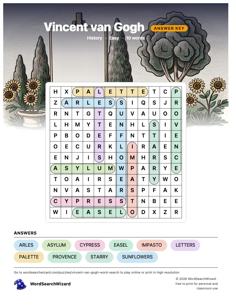 Vincent van Gogh word search answer key, all 10 words marked