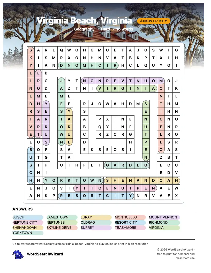 Virginia Beach, Virginia word search answer key, all 16 words marked