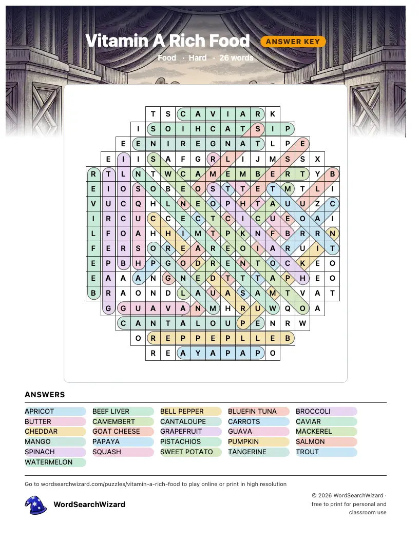 Vitamin A Rich Food word search answer key, all 26 words marked