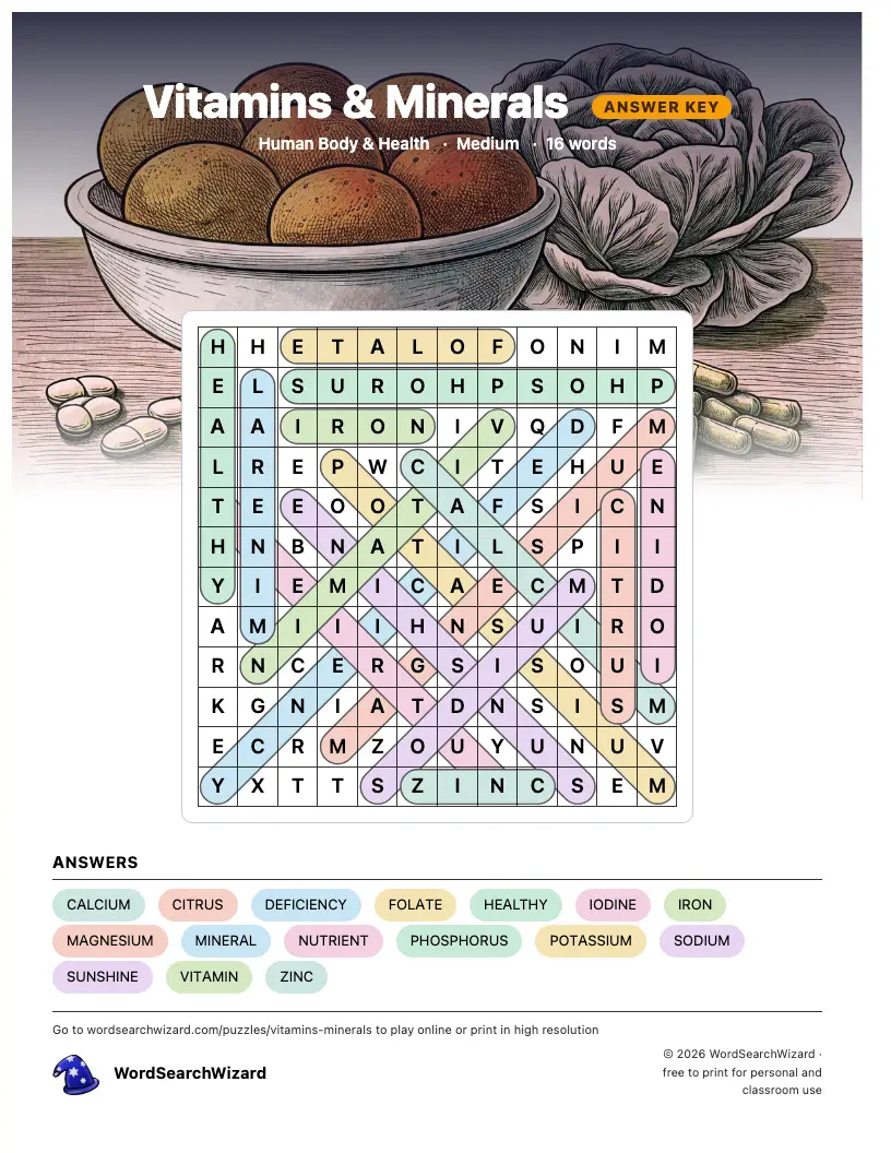 Vitamins & Minerals word search answer key, all 16 words marked