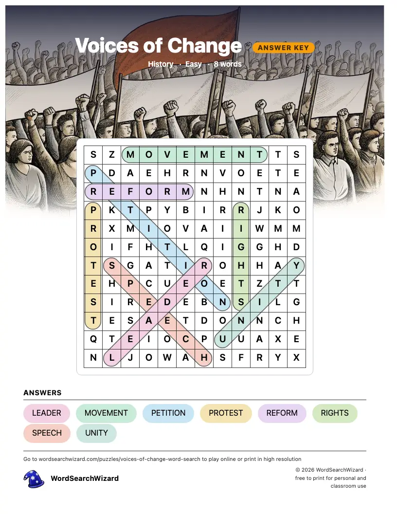 Voices of Change word search answer key, all 8 words marked