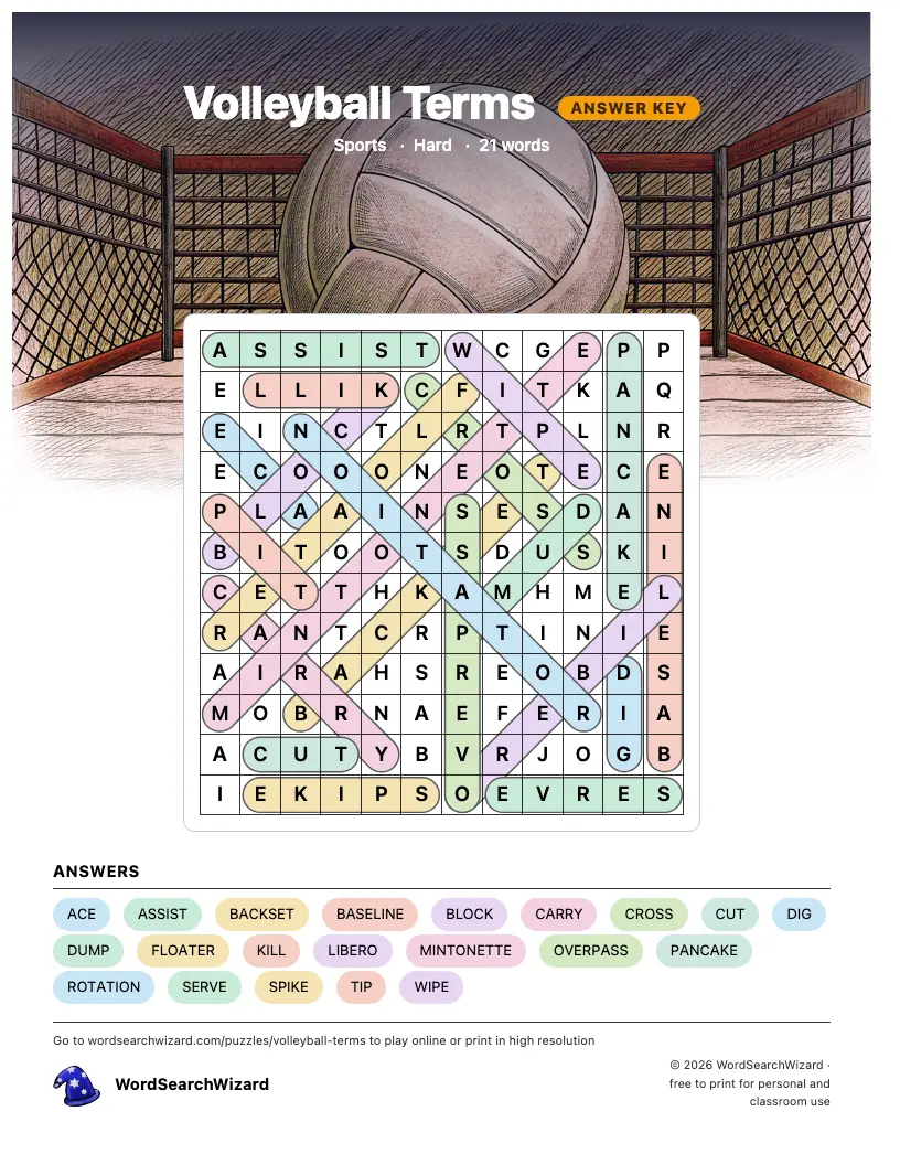 Volleyball Terms word search answer key, all 21 words marked