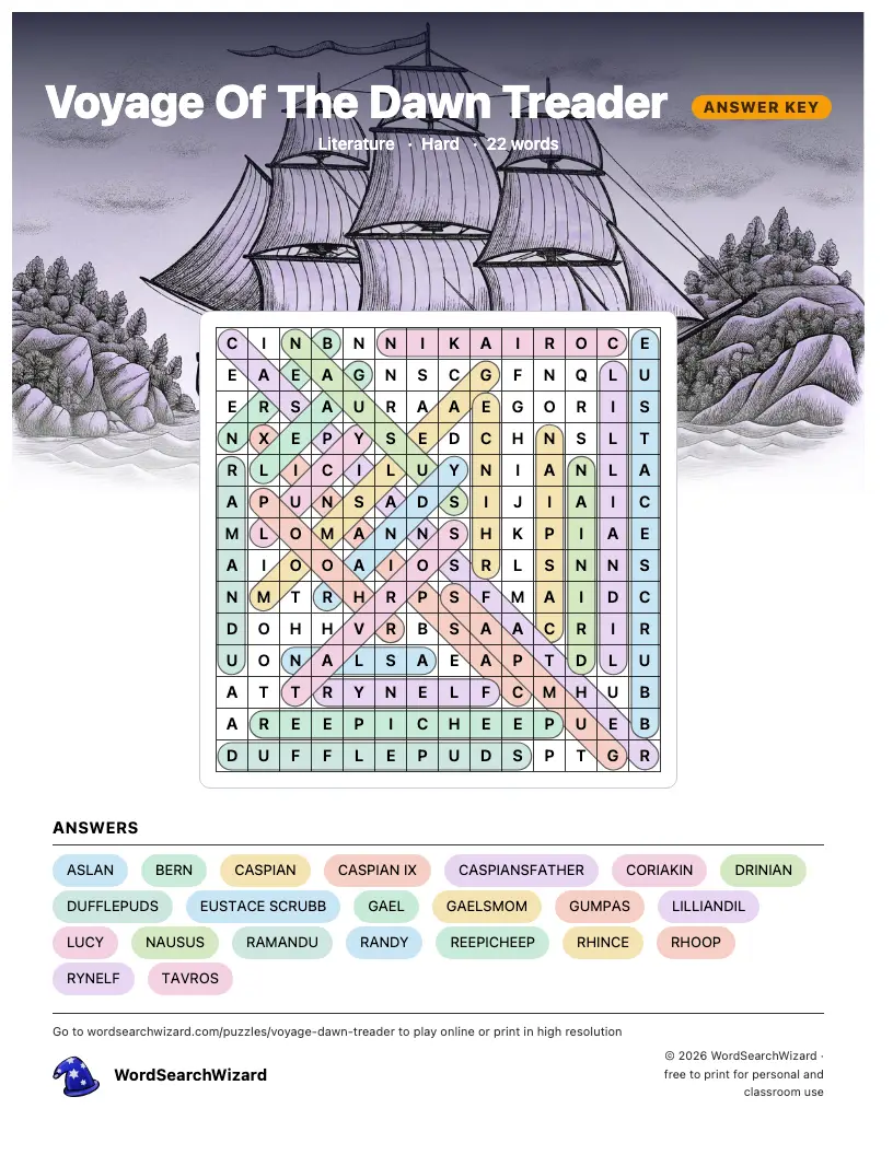 Voyage Of The Dawn Treader word search answer key, all 22 words marked