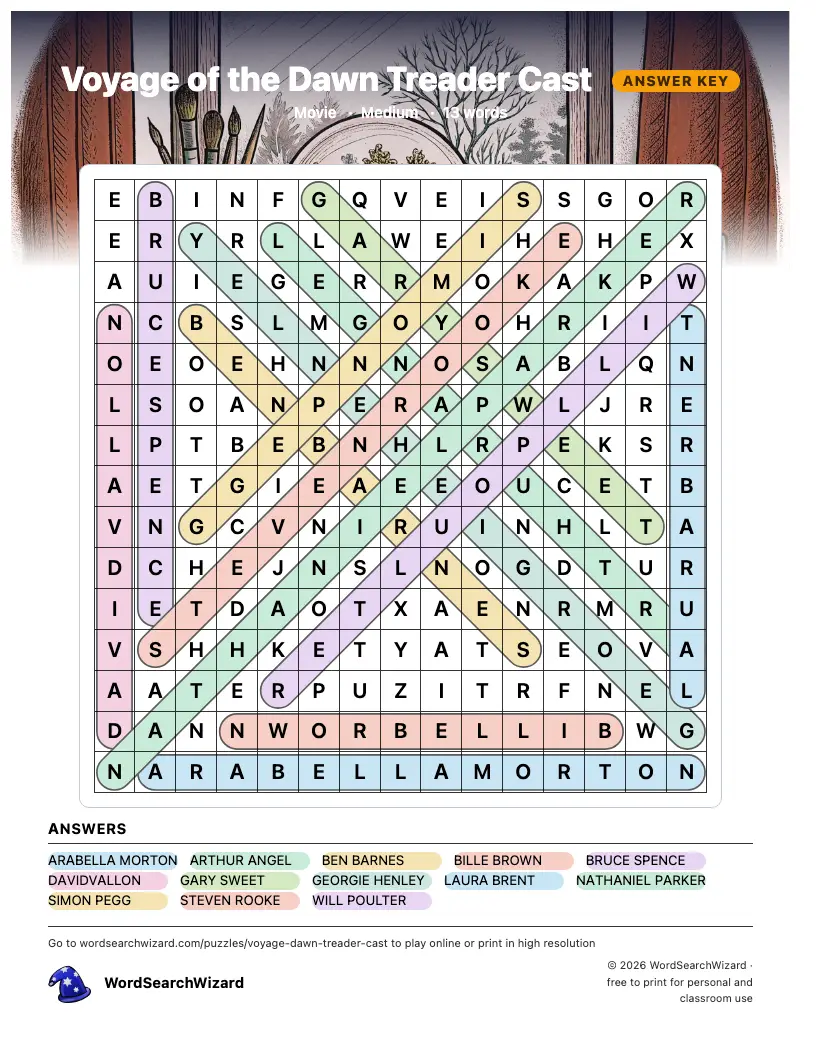 Voyage of the Dawn Treader Cast word search answer key, all 13 words marked