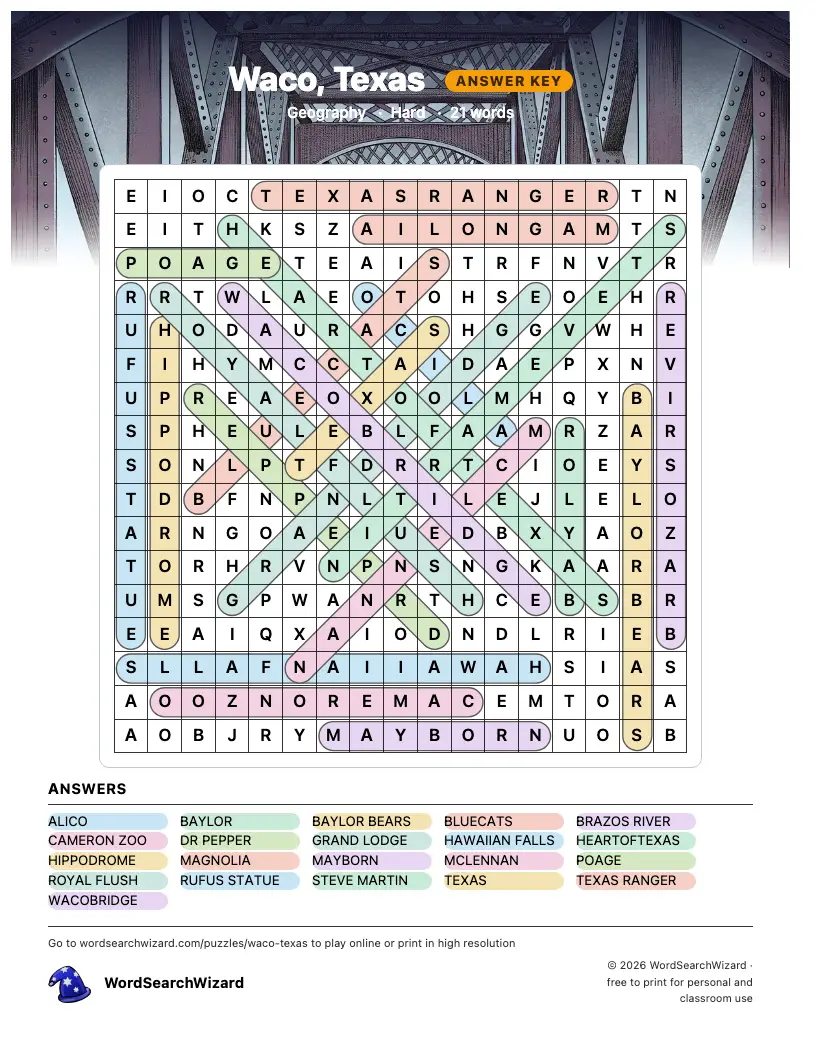 Waco, Texas word search answer key, all 21 words marked