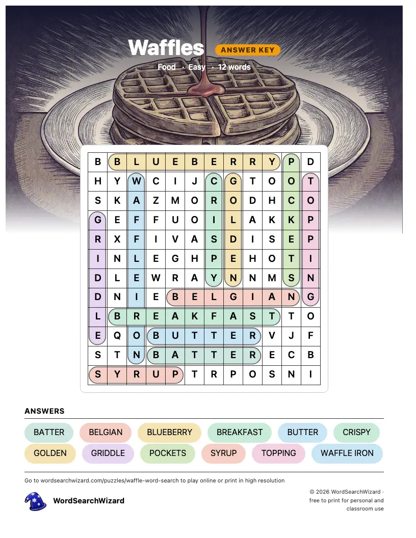 Waffles word search answer key, all 12 words marked
