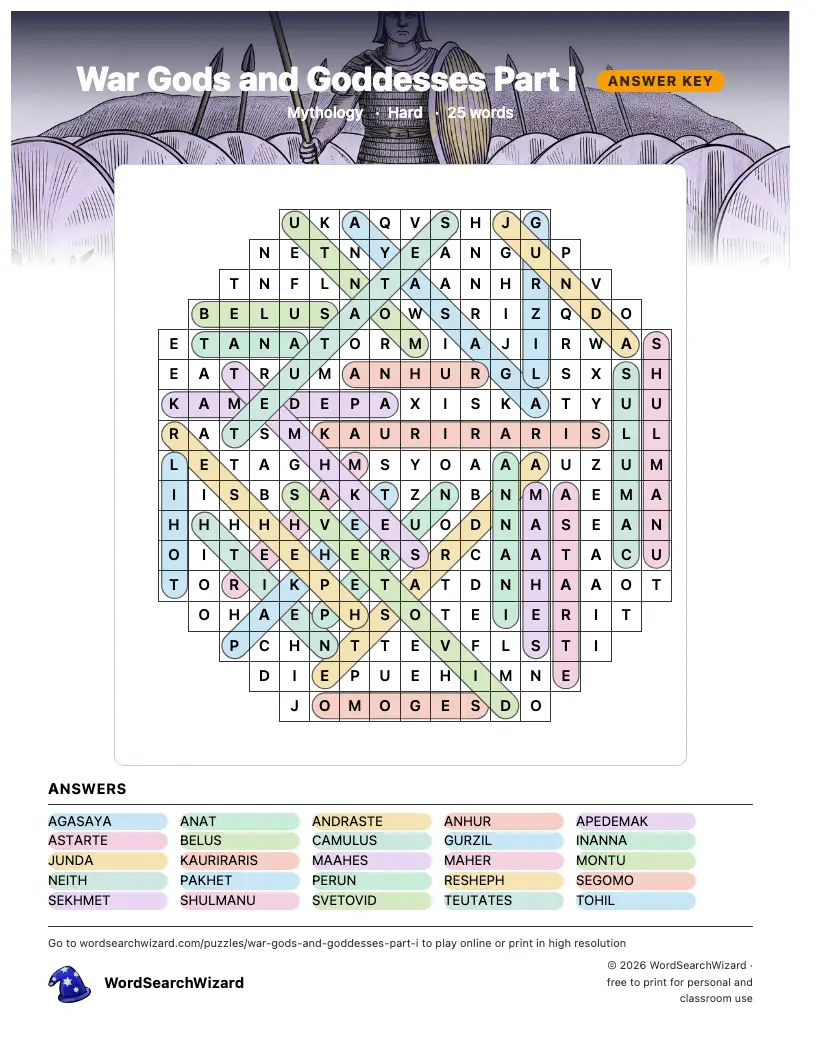 War Gods and Goddesses Part I word search answer key, all 25 words marked