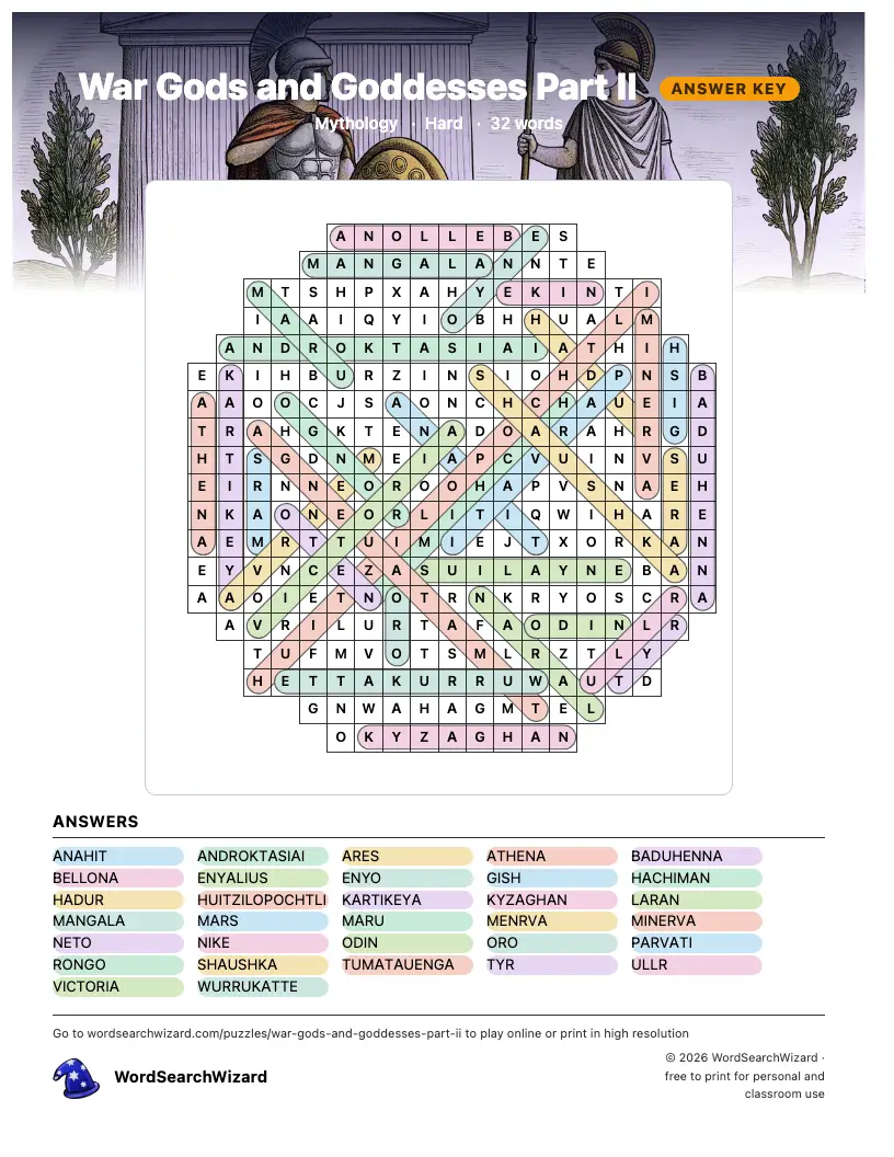 War Gods and Goddesses Part II word search answer key, all 32 words marked