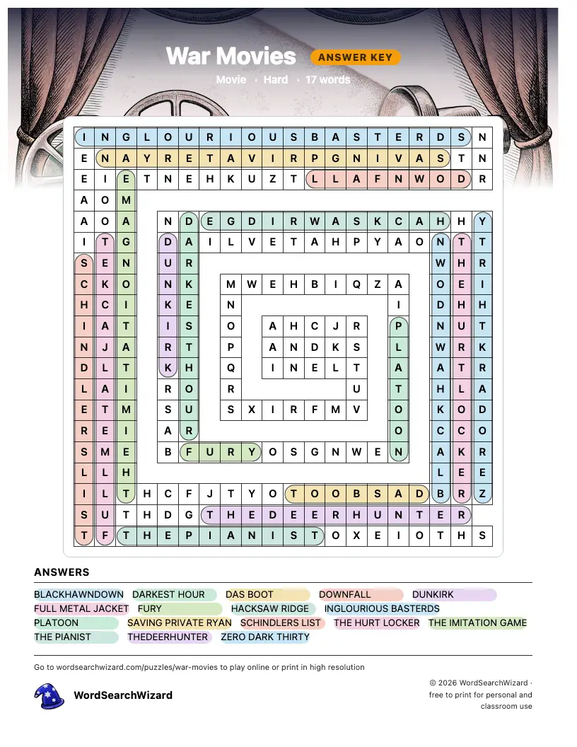 War Movies word search answer key, all 17 words marked