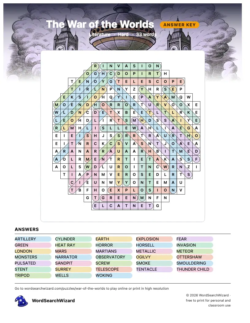 The War of the Worlds word search answer key, all 33 words marked