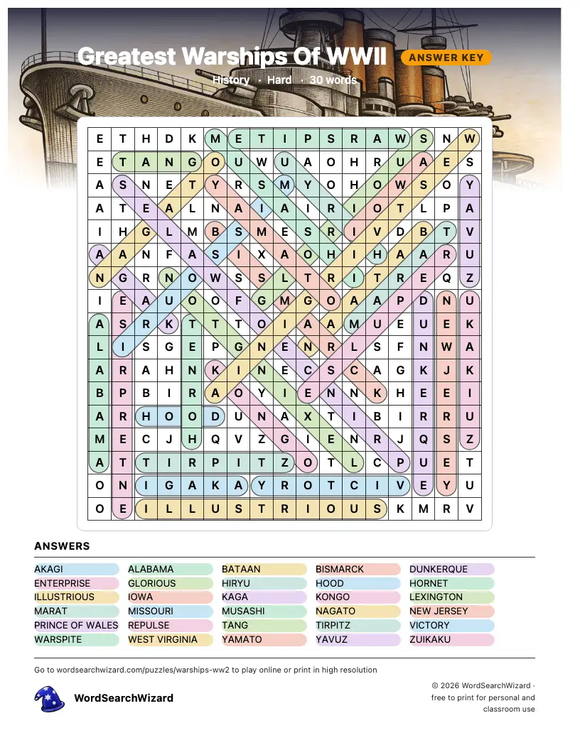 Greatest Warships Of WWII word search answer key, all 30 words marked