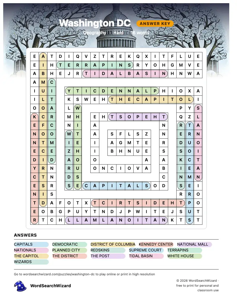 Washington DC word search answer key, all 16 words marked