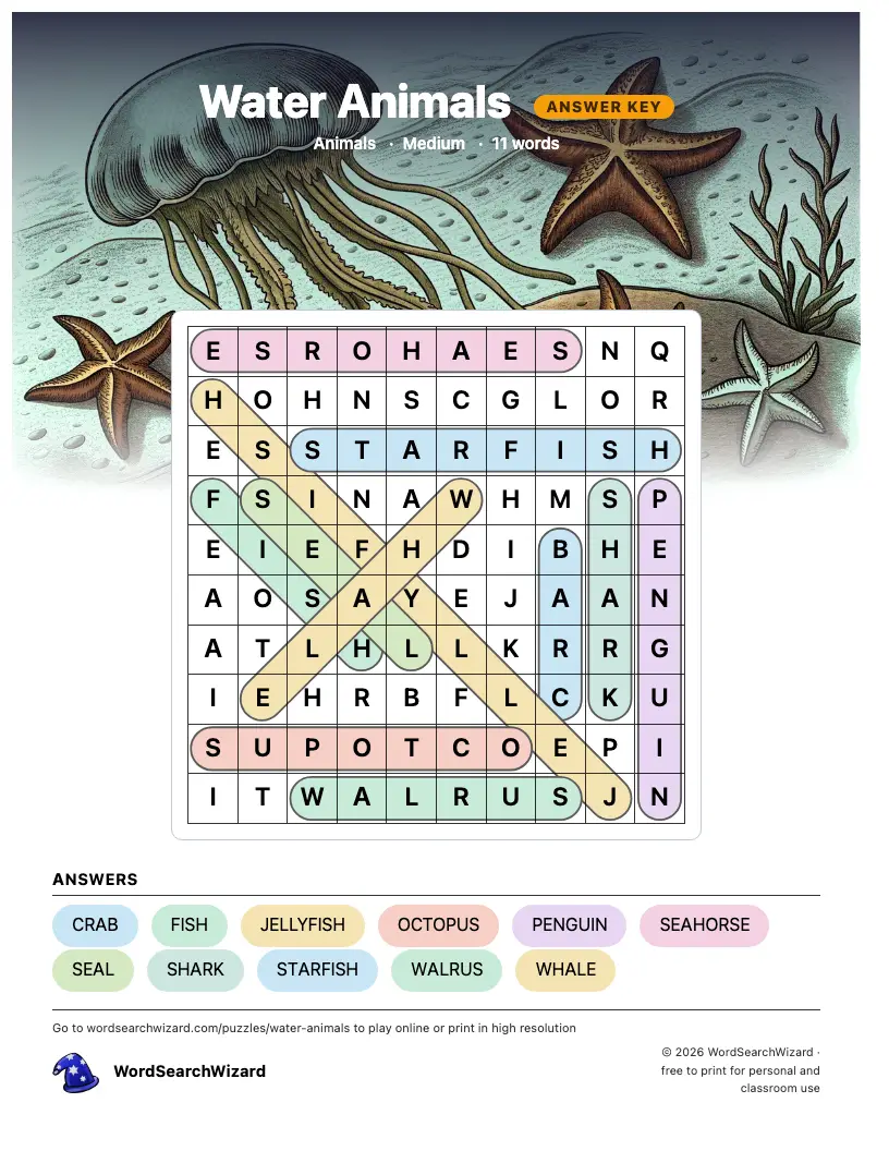 Water Animals word search answer key, all 11 words marked
