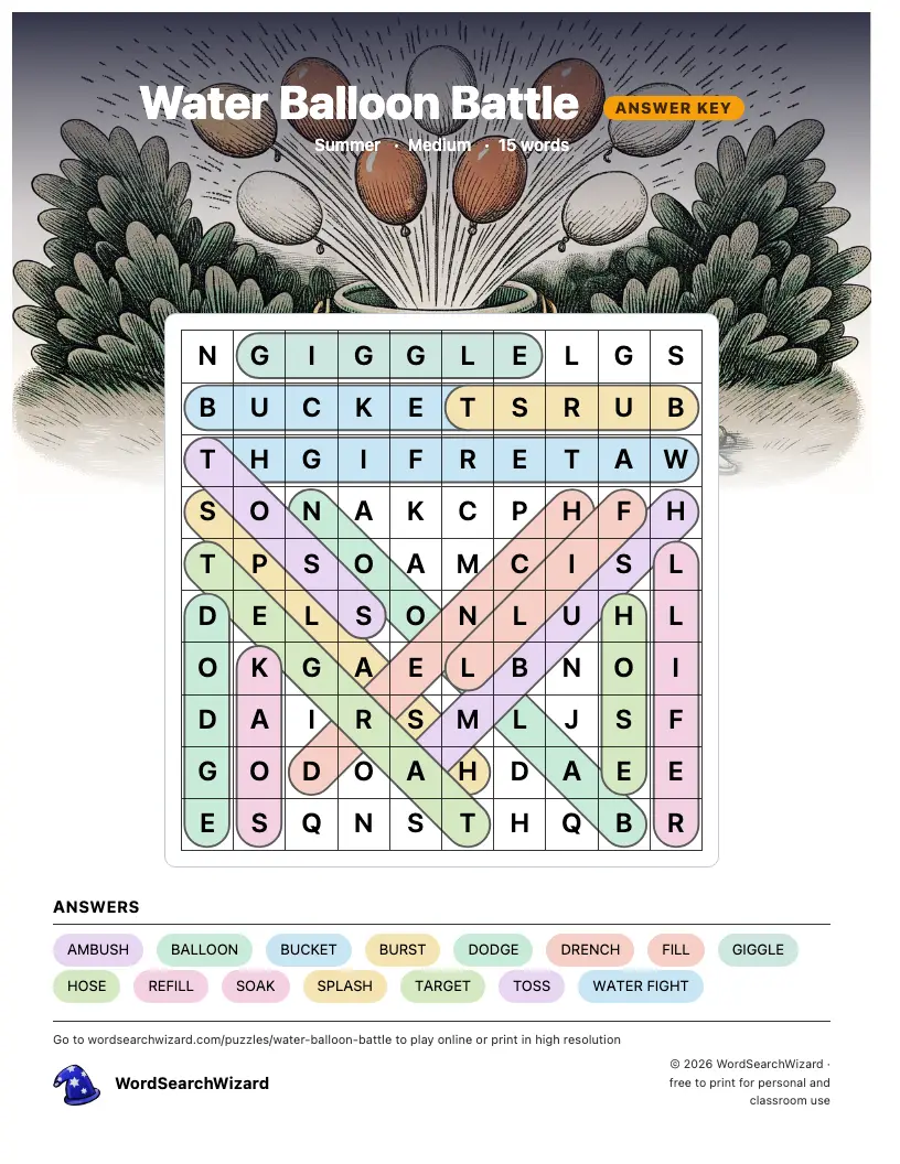 Water Balloon Battle word search answer key, all 15 words marked