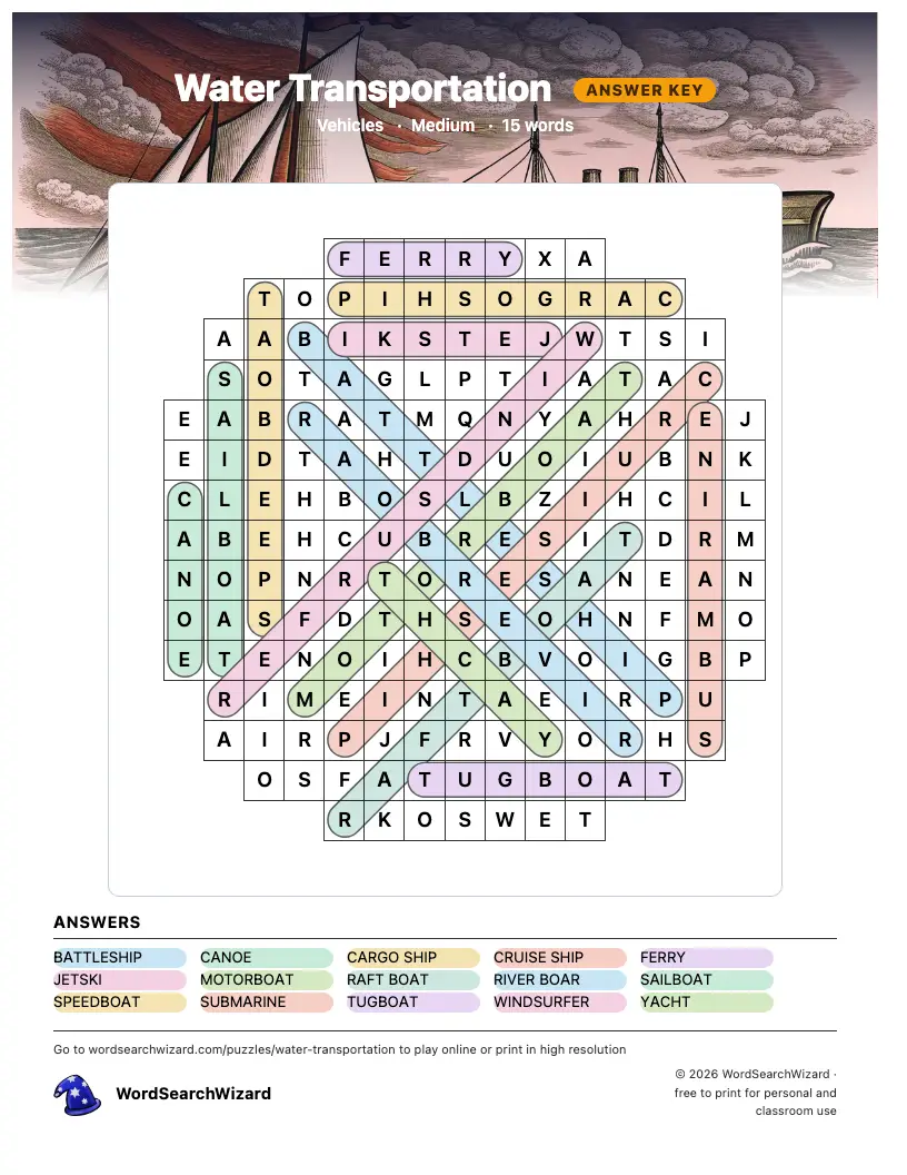Water Transportation word search answer key, all 15 words marked