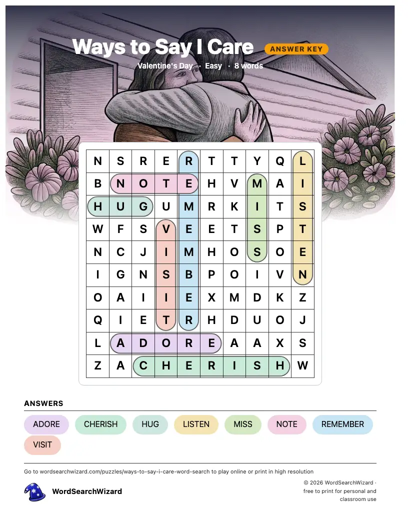 Ways to Say I Care word search answer key, all 8 words marked