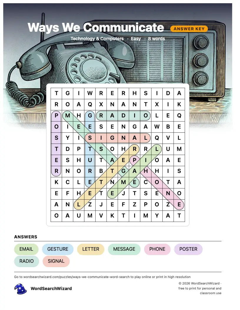 Ways We Communicate word search answer key, all 8 words marked