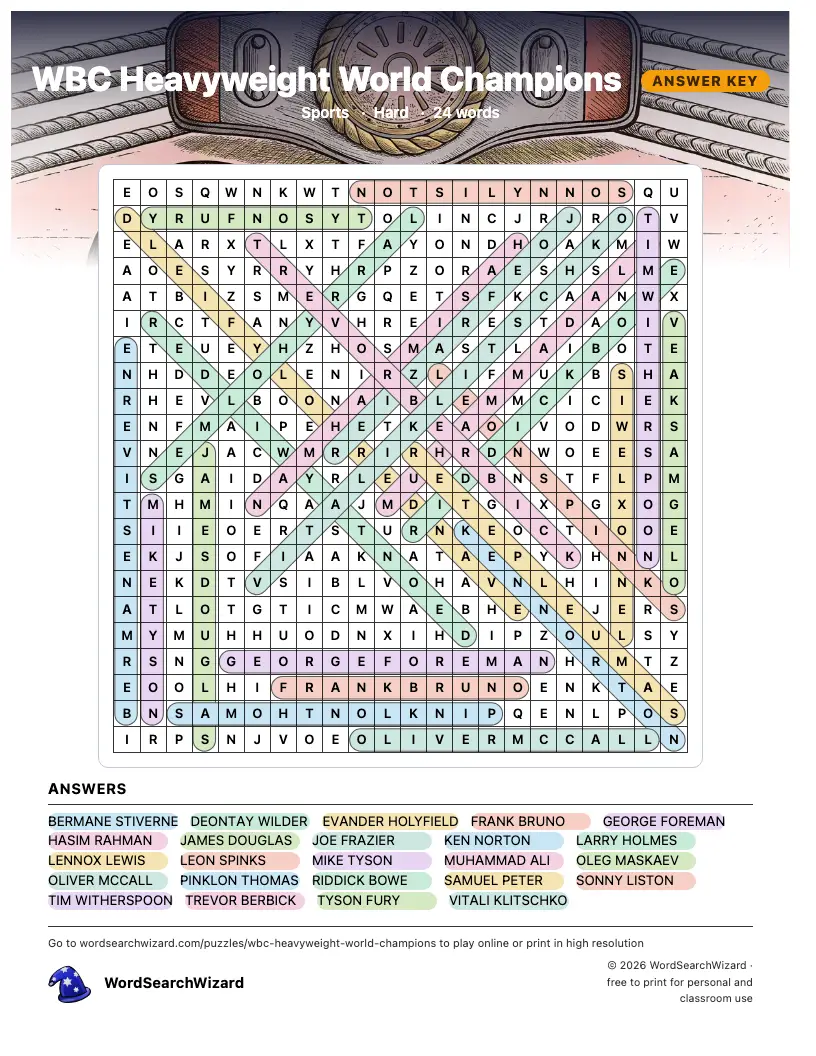 WBC Heavyweight World Champions word search answer key, all 24 words marked