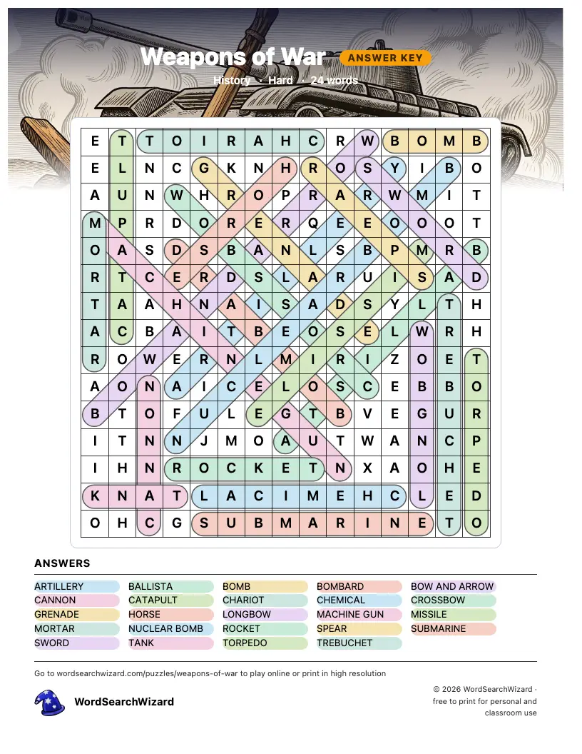 Weapons of War word search answer key, all 24 words marked