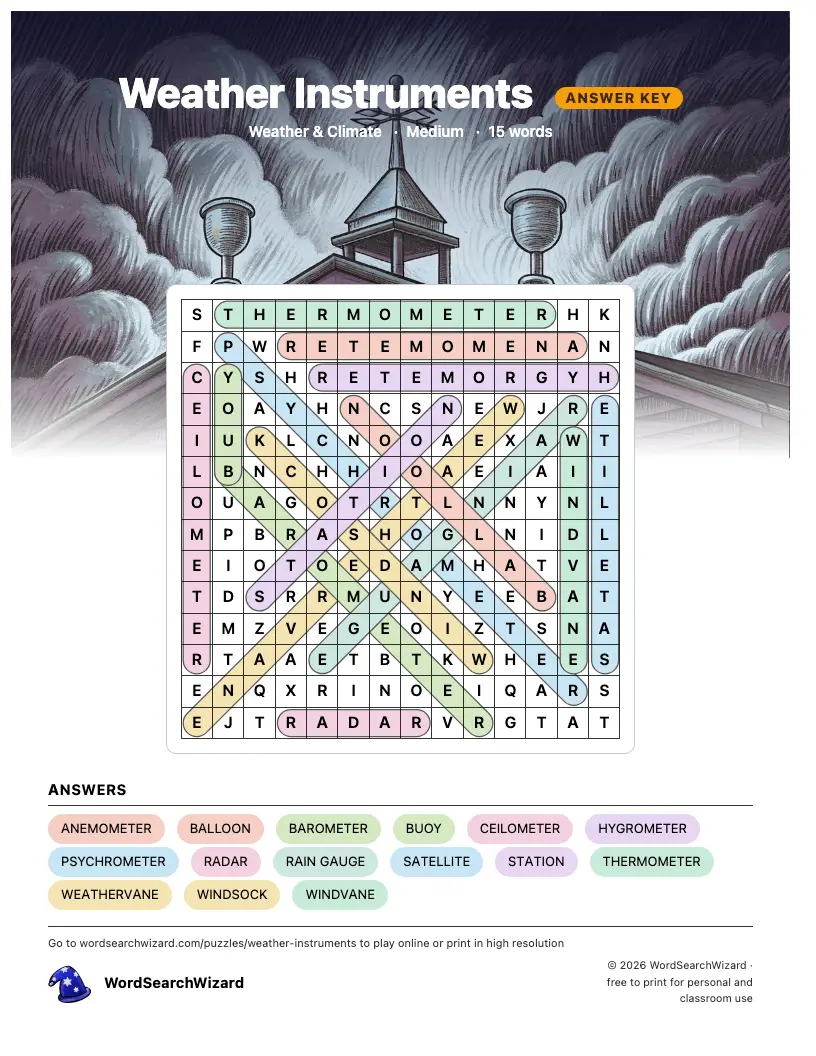 Weather Instruments word search answer key, all 15 words marked
