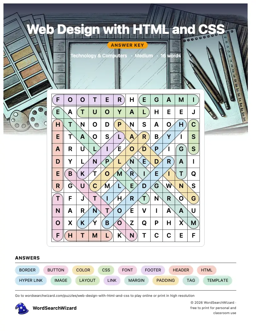 Web Design with HTML and CSS word search answer key, all 16 words marked