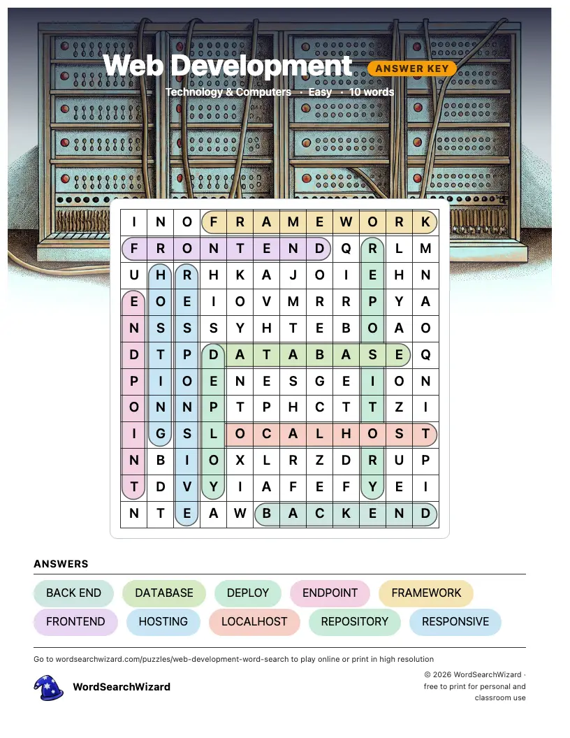 Web Development word search answer key, all 10 words marked