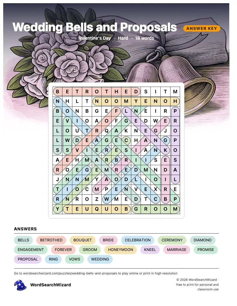 Wedding Bells and Proposals word search answer key, all 18 words marked