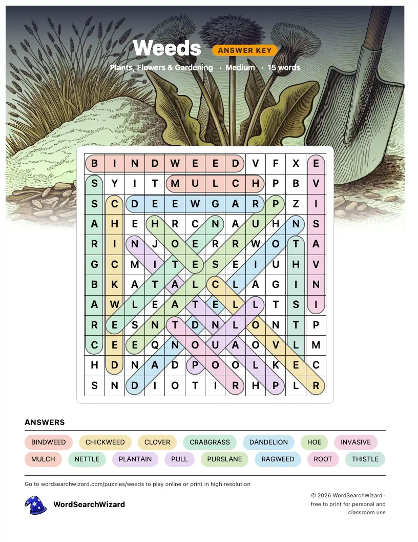 Weeds word search answer key, all 15 words marked