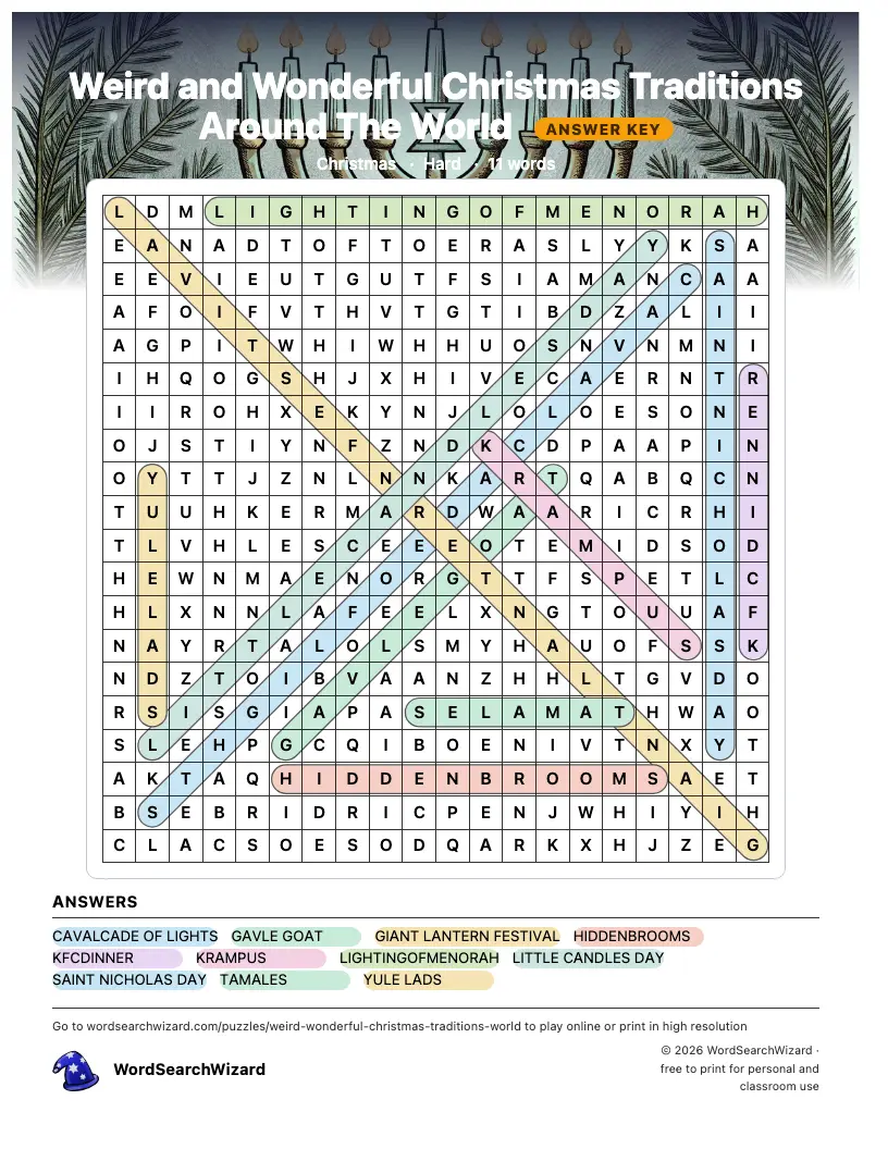 Weird and Wonderful Christmas Traditions Around The World word search answer key, all 11 words marked