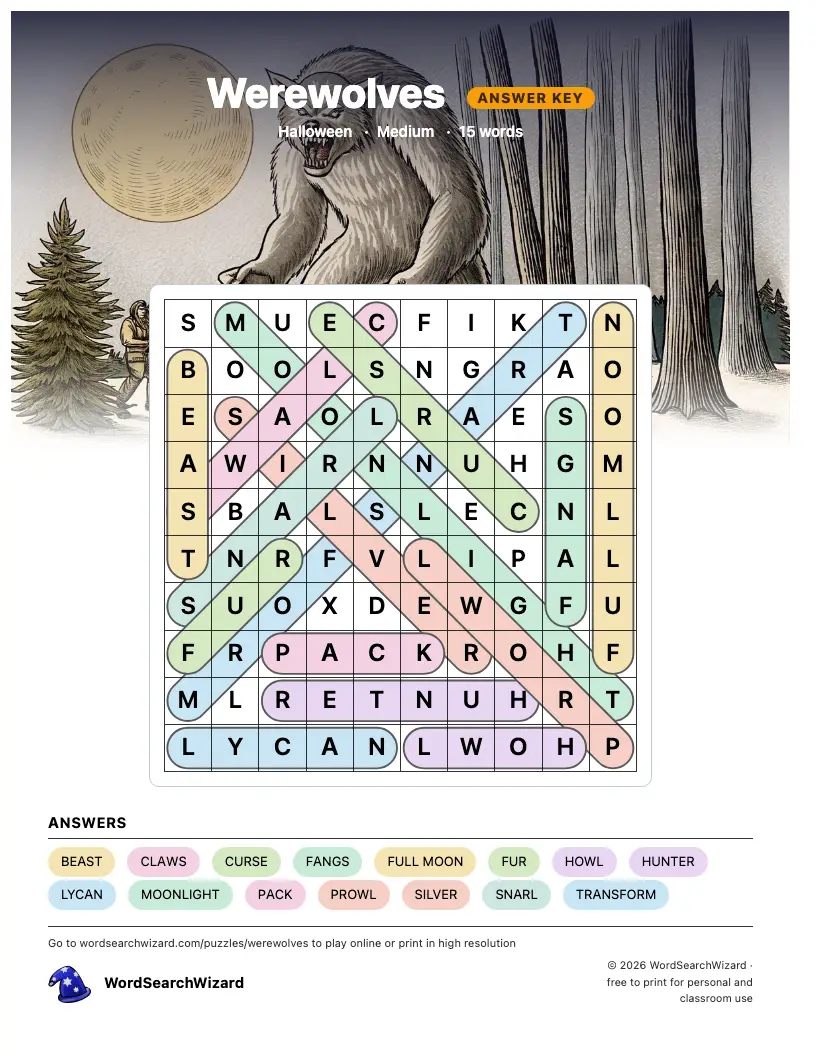 Werewolves word search answer key, all 15 words marked