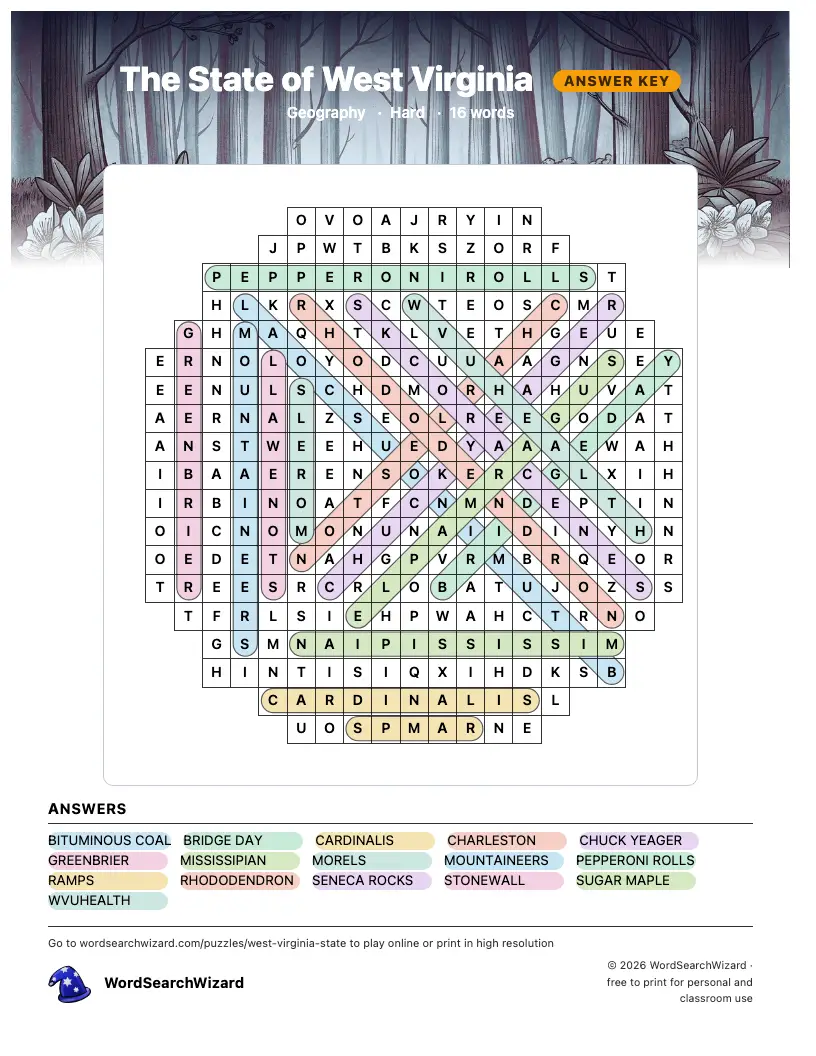 The State of West Virginia word search answer key, all 16 words marked